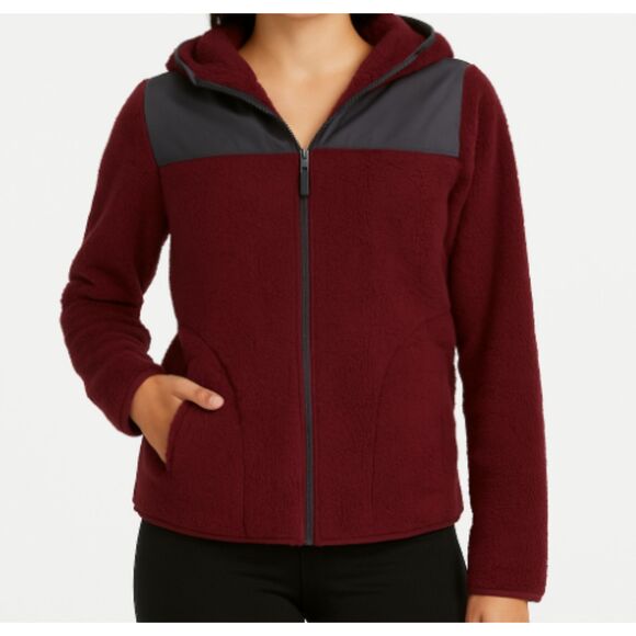 SO Women’s XS Sherpa Zip-Up Jacket – Maroon Fuzzy Hooded Coat with Pockets - Picture 1 of 8